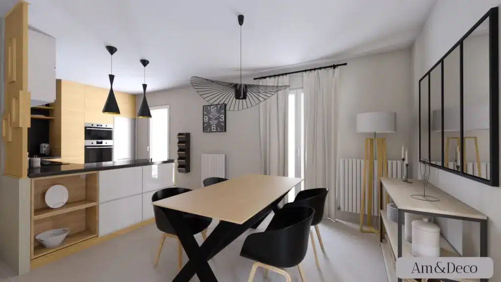 Cuisine ouverte sur salle à manger avec des éléments en bois clair, des luminaires suspendus et une décoration épurée optimisée pour la convivialité. 