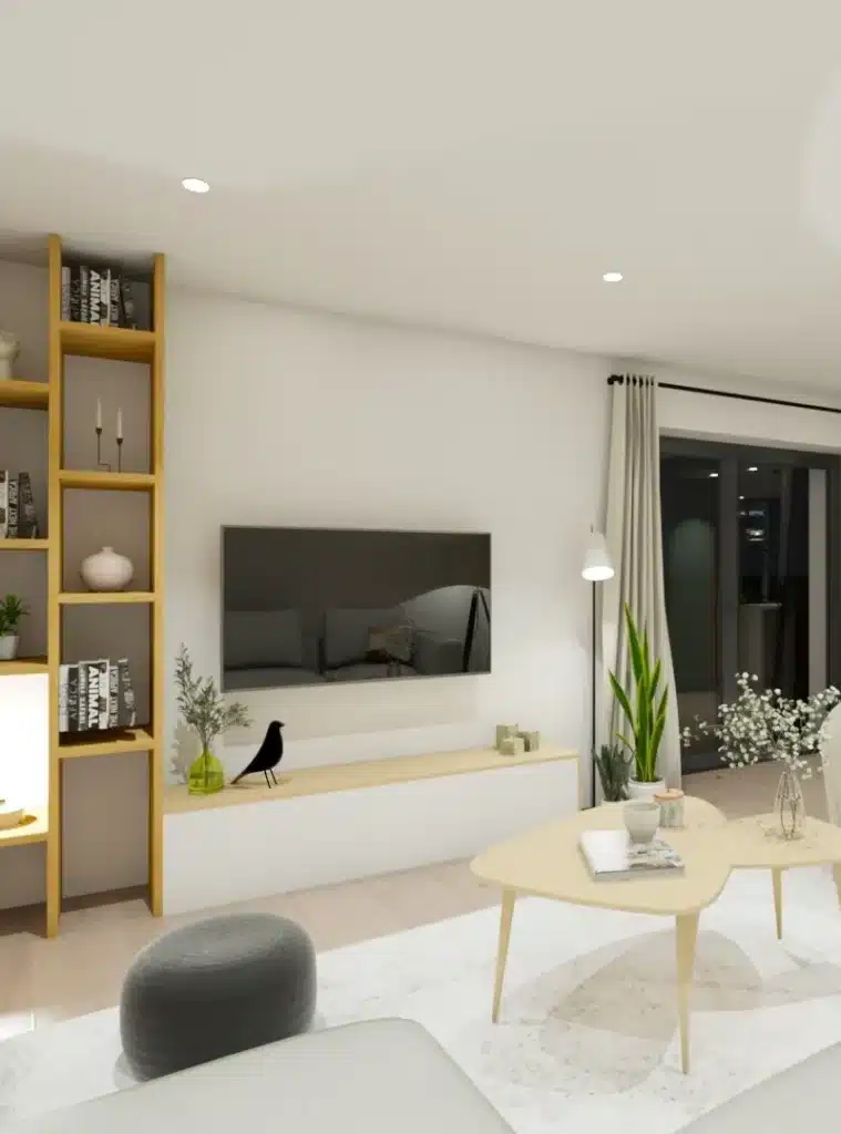 Salon moderne avec une décoration minimaliste, comprenant des étagères en bois, une table basse et des objets de décoration pour une ambiance chaleureuse.
