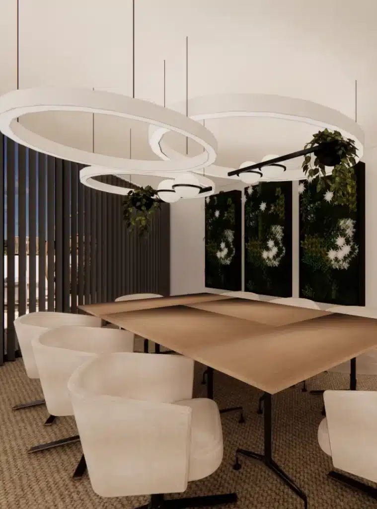 Salle de réunion moderne avec une grande table en bois, des chaises confortables, et des luminaires suspendus design, créant une ambiance professionnelle et chaleureuse.