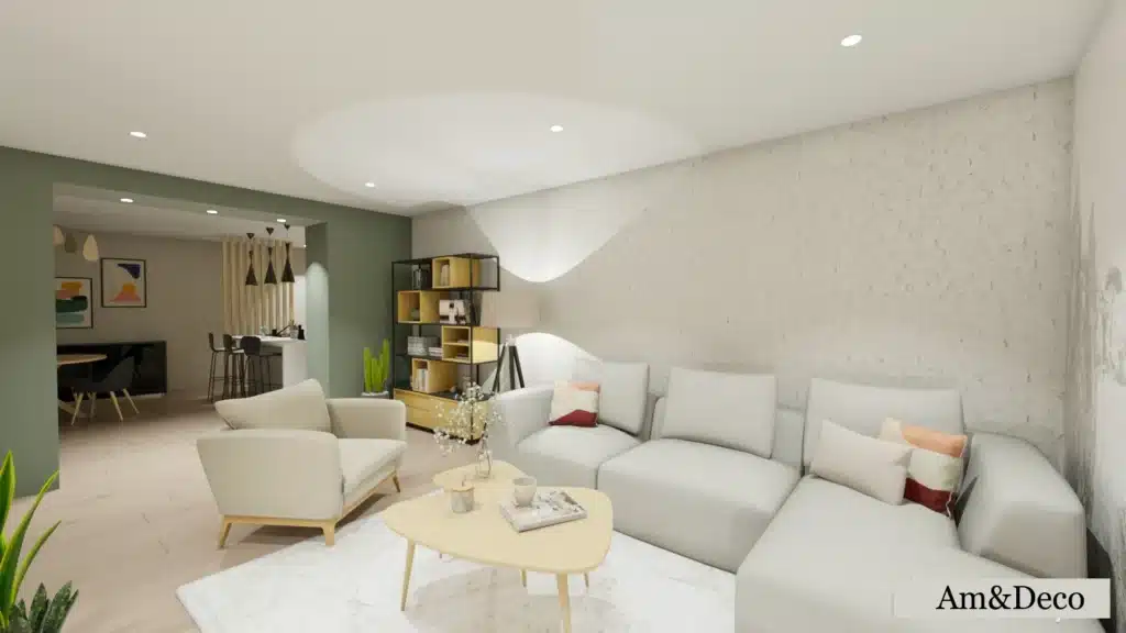 Salon spacieux et lumineux avec canapé d'angle, table basse et étagères, illustrant une ambiance chaleureuse pour séduire les futurs acquéreurs. 