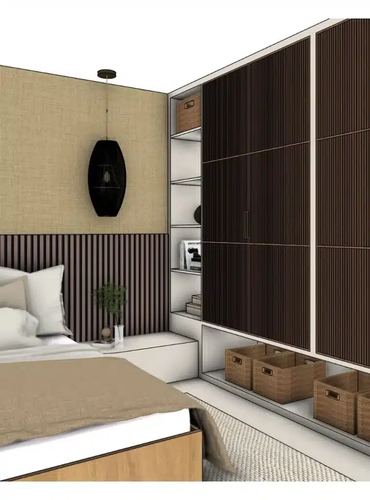 Simulation décoration intérieure d'une chambre élégante avec des rangements intégrés et une ambiance chaleureuse.
