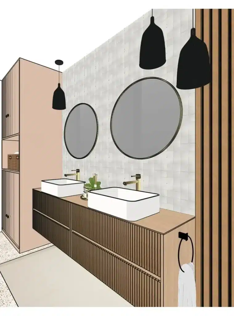Simulation décoration intérieure d'une salle de bain moderne avec double vasque et finitions en bois.
